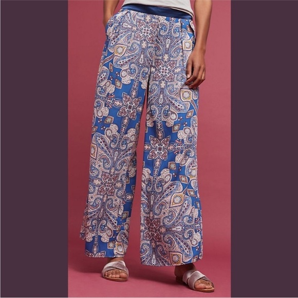 Anthro Elevenses Ines Blue Wide Leg Satin Pant​ - Picture 4 of 8
